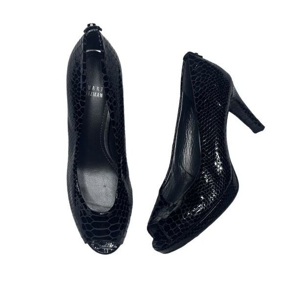 Stuart Weitzman black snakeskin pump open toe 8 - Picture 1 of 11